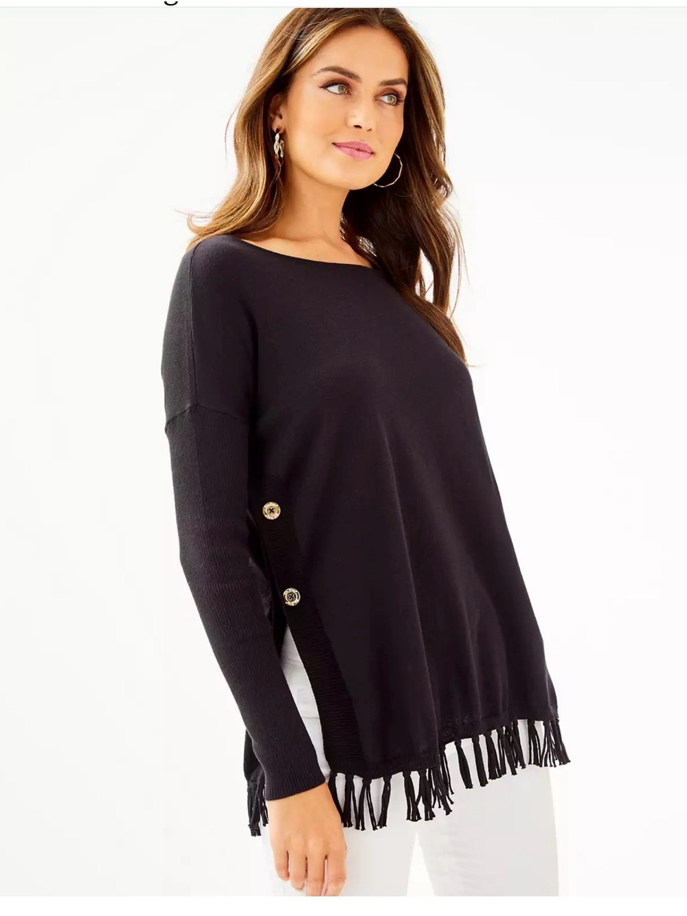 Lilly Pulitzer Ramona Black Fringe-Hem Long Sleeve Pullover sweater Euc small